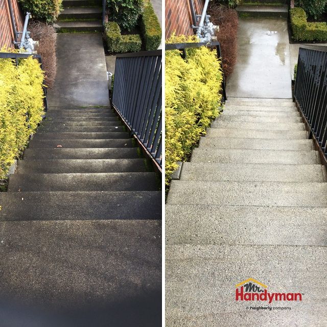 Before and after pressure washing set of stairs