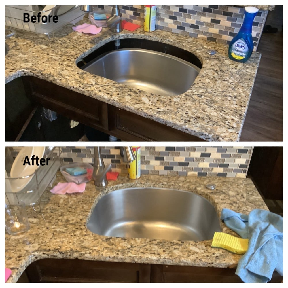 Before: Kitchen sink in granite countertop dropping towards cabinet. After: Same sink back in place