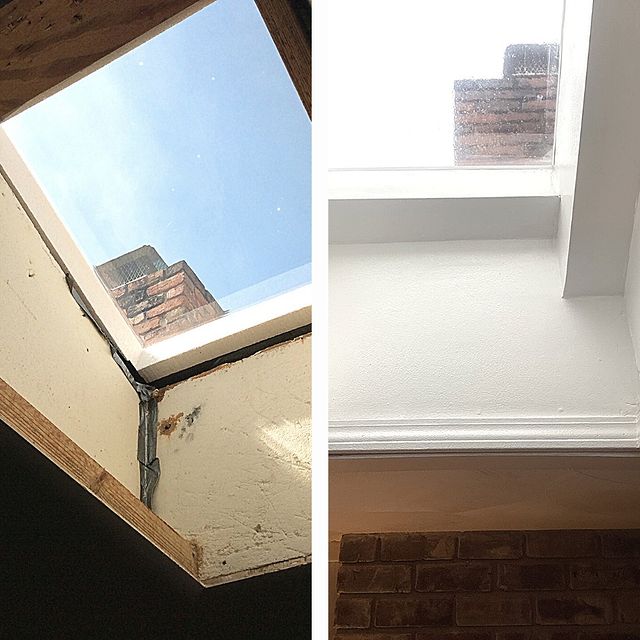 Renewed drywall around the existing skylight is meticulously repaired.