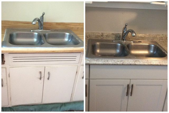 Replacing the countertop and cabinets, instantly revitalizing the space without major renovation.