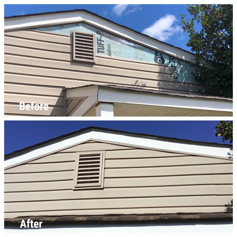 Before: Peak of house with missing siding. After: Same area with siding reinstalled. countertop and sink.