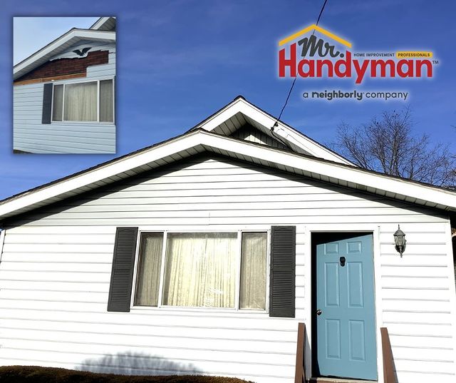 Before and after a siding repair above the window