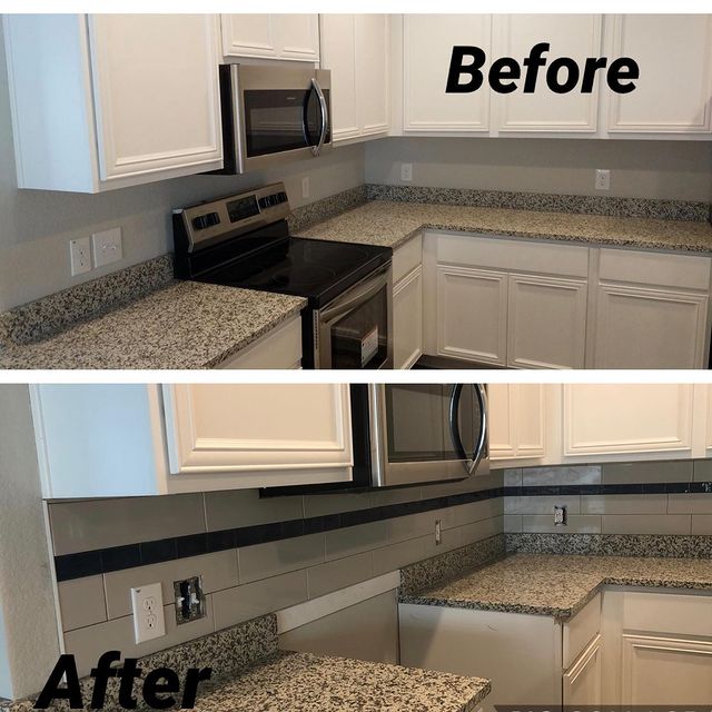 grey tile backsplash in kitchen