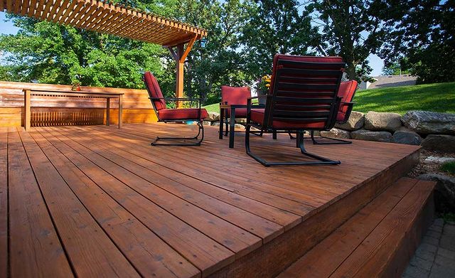Outdoor wooden stained deck.