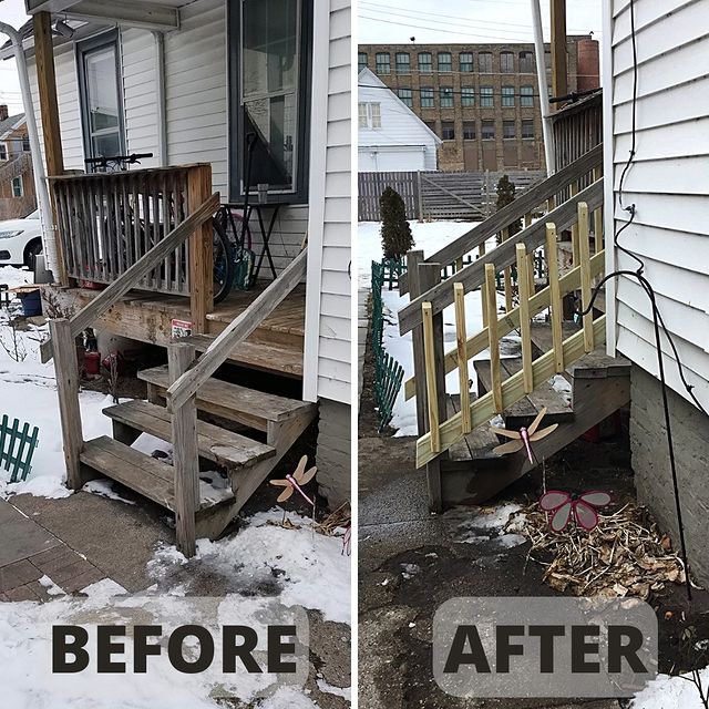 Spindles added to a front steps porch.