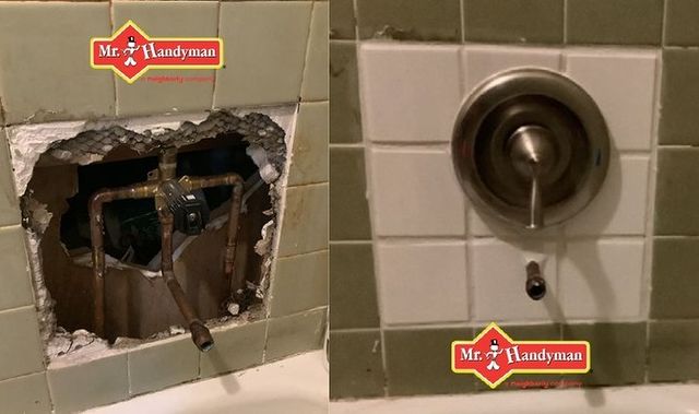 Before and after shower handle and tile repair