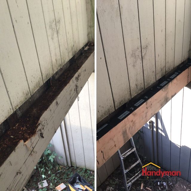 Before and after a rotted timber support piece replaced