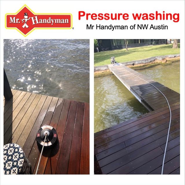 Power washing a deck on the lake