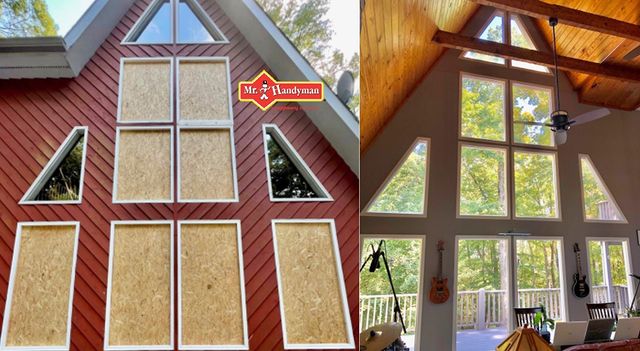 Before and after window reframing and boarding up.