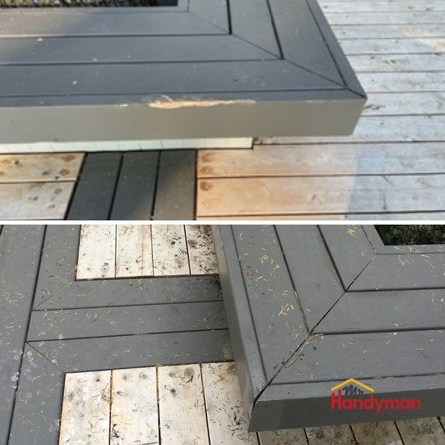 Before and after of a replacement of a board on a wood bench.