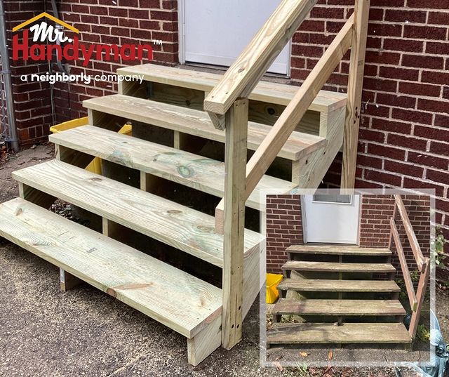 Before and after of a repair and replacement of wood steps with a railing