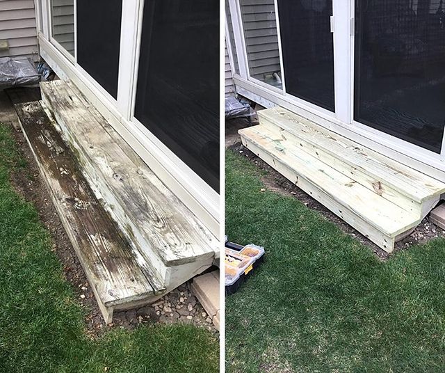 Before and after wooden step repair.