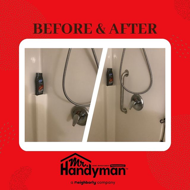 Before and after a grab bar installation in a shower