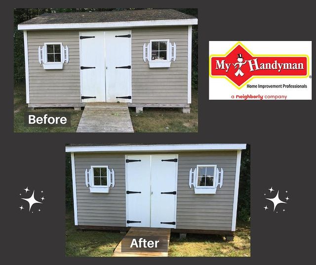 before and after of gray shed with white doors