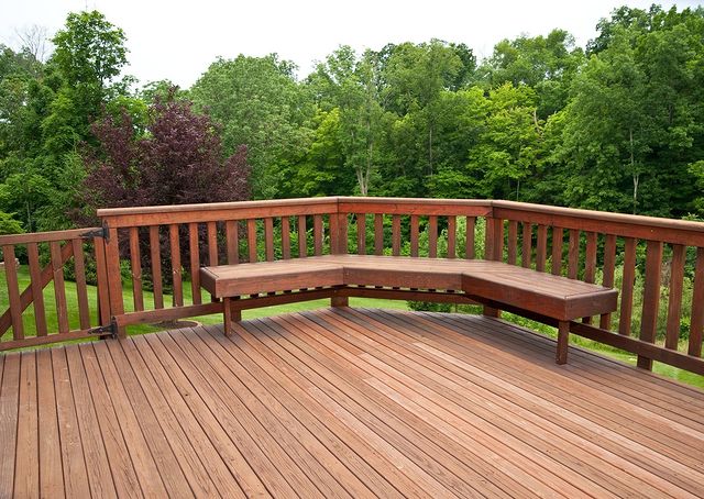 Built in seating on a wood deck