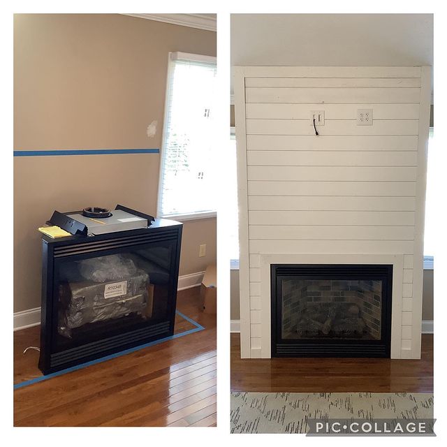fireplace installation with shiplap