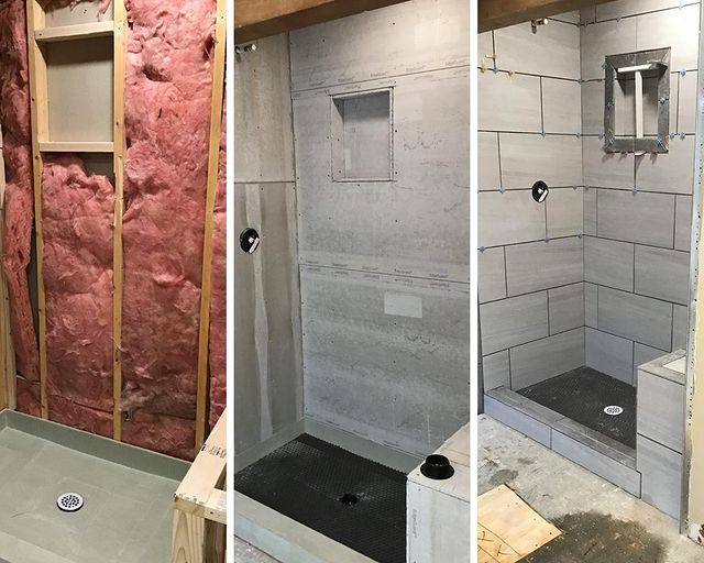 gray tile shower remodel