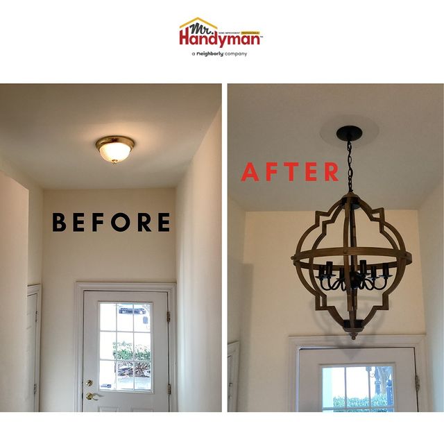 Before and after a light fixture was replaced with a hanging light fixture with frame