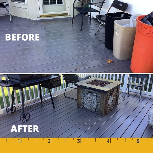 Before and after pressure washing a deck