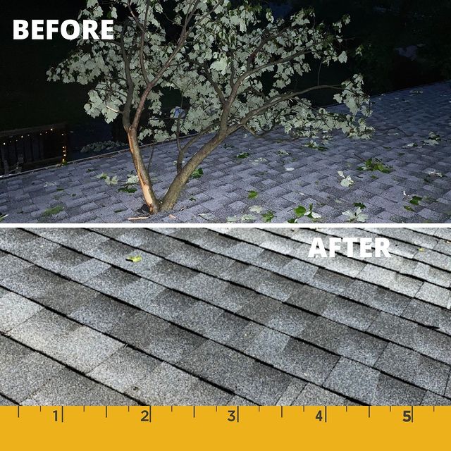 Before and after of roof damage repair