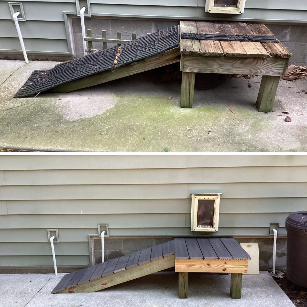 A newly refurbished pet access ramp completed by a Jacksonville carpenter from Mr. Handyman