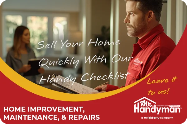 Handyman with a checklist and a homeowner making sure the house is ready to sell. 