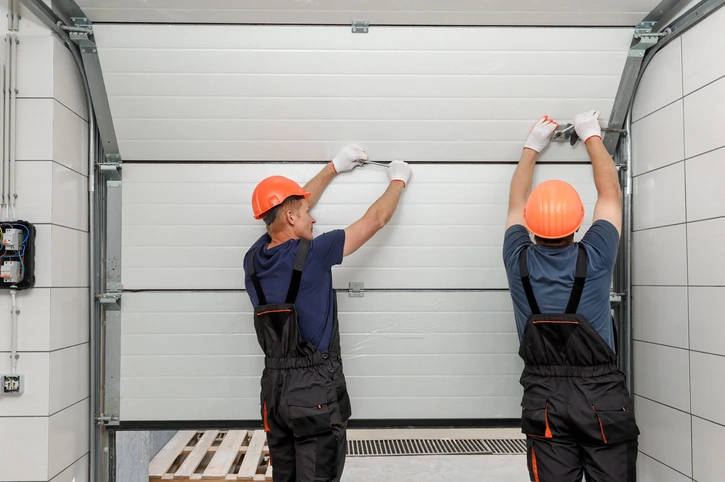 Mr. Handyman pros making garage door repairs.