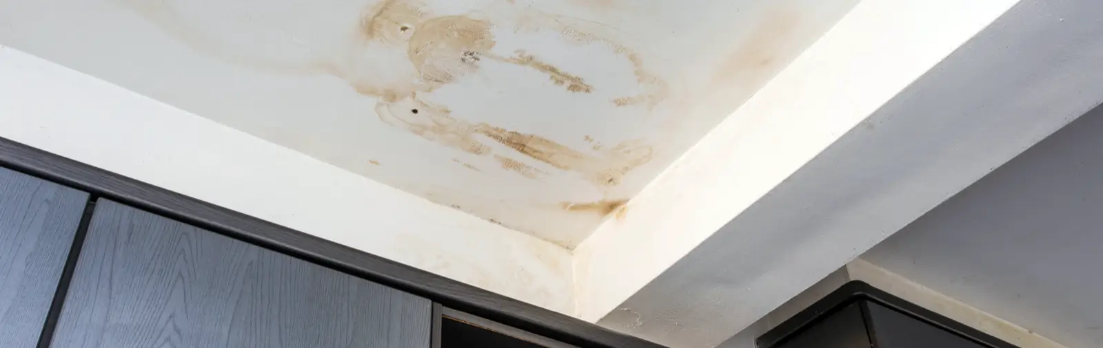 A water-stained ceiling showing brown discoloration, set above a row of dark wooden kitchen cabinets with a contemporary design.