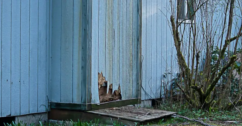 A home with old, blue siding that has been cracked and damaged at the bottom and requires siding repair services.