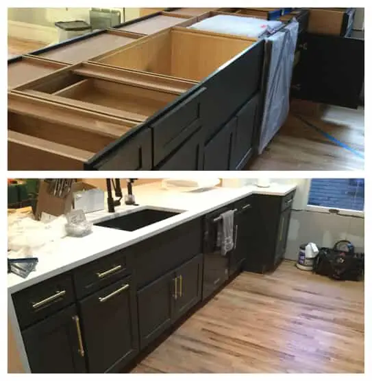 New black kitchen cabinets just after they have been installed, before the countertop has been installed, and the same cabinets after a new countertop has been installed.