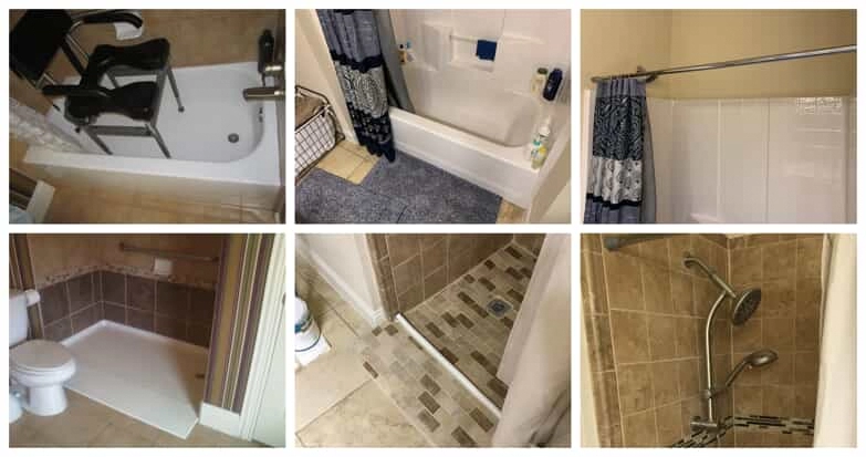 A traditional tub and shower in a bathroom before and after it has been converted into a curbless, roll-in shower.