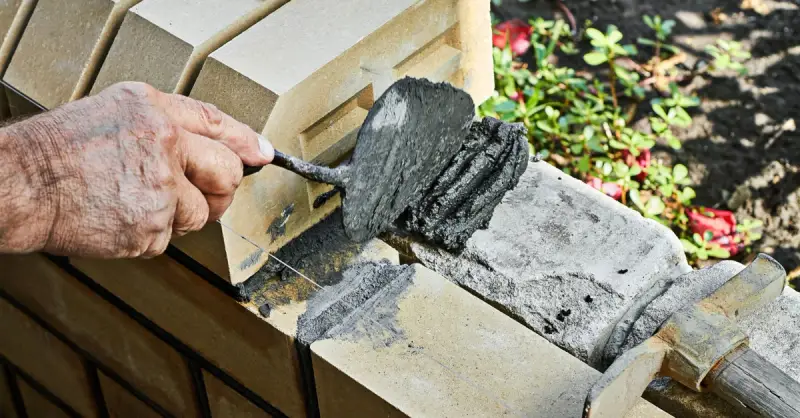 A handyman spreading fresh mortar over a section of a stone fence as he replaces a stone during an appointment for Walpole masonry repair.