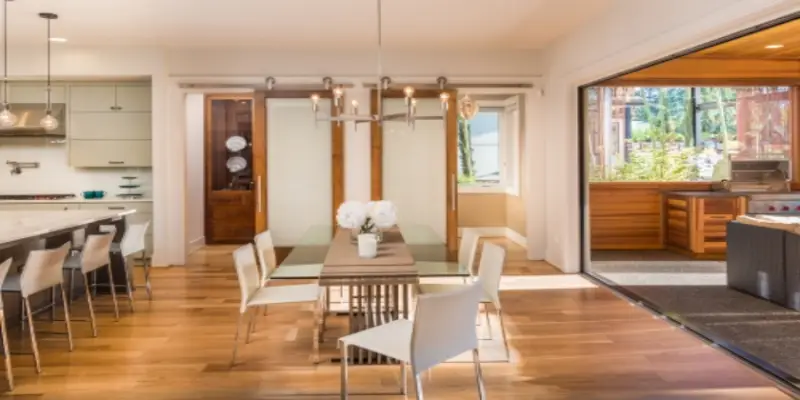 Dining room with sliding barn doors.