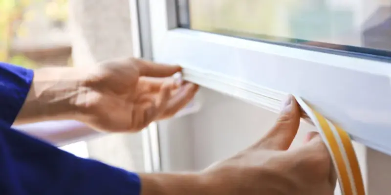 A handyman installing a strip of weather stripping tape on the bottom of a residential window.