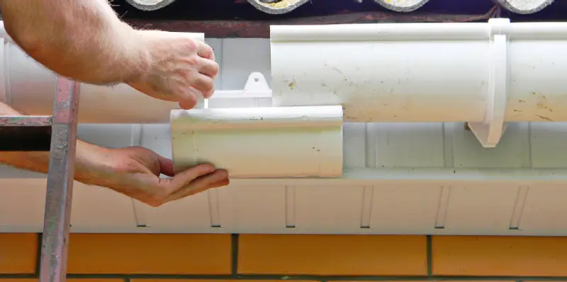 A handyman attaching a new section of a gutter to an existing system near the roof of a home during an appointment for gutter repair.