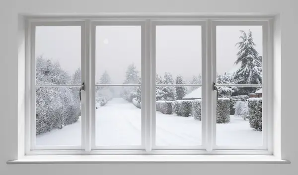 A snow-covered field with pine trees as seen from the inside of a window.