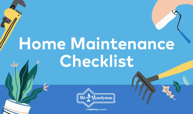 Home Maintenence Checklist in front of a blue background surrounded by clipart tools.