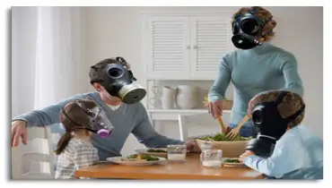 A family eating dinner in gas masks.