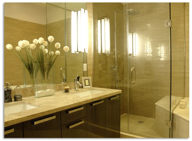 traditional bathroom with glass and mirrors.