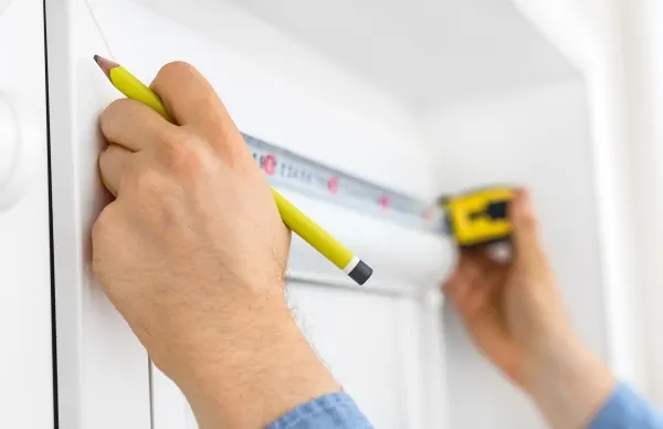 Man using a tape measure to measure window to install blinds.