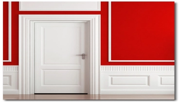 Red wall with white door.