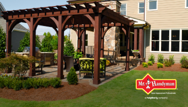 Backyard patio cover with green lawn.