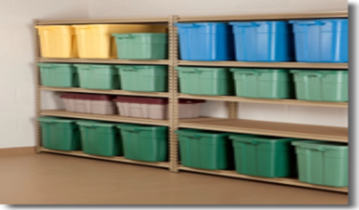 Neatly stacked garage storage bins.