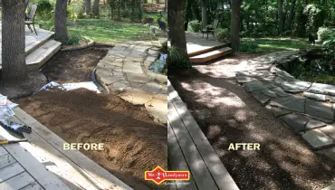 Walkway project before and after photos with Mr. Handyman logo.