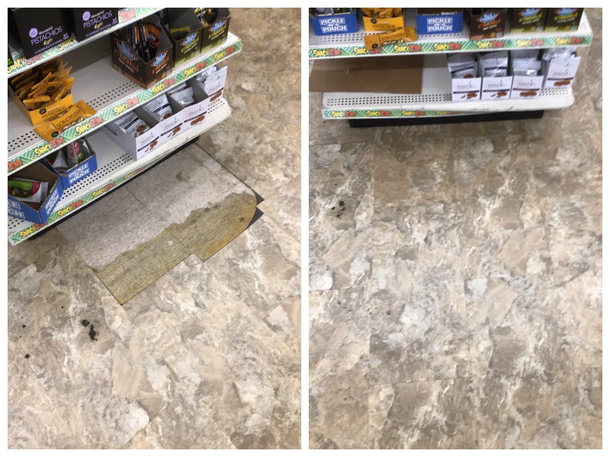  ‘Before’ image shows water-damaged commercial flooring sheets. ‘After’ image displays replacement sheets in place after flooring repair in Wheaton, IL.