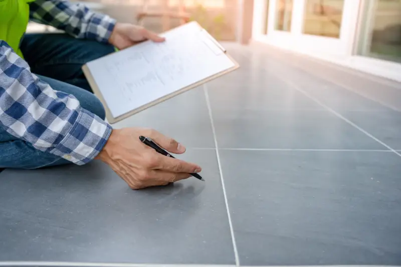 Person leaning over tile with pen and clipboard.