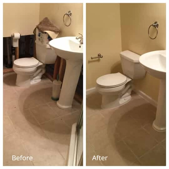 A hole in the wall of a residential bathroom and the drywall repairs completed by Mr. Handyman to fix the hole.