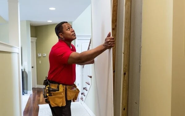 A handyman in Milton, MA installing a large piece of new drywall in the side of a home’s wall. 