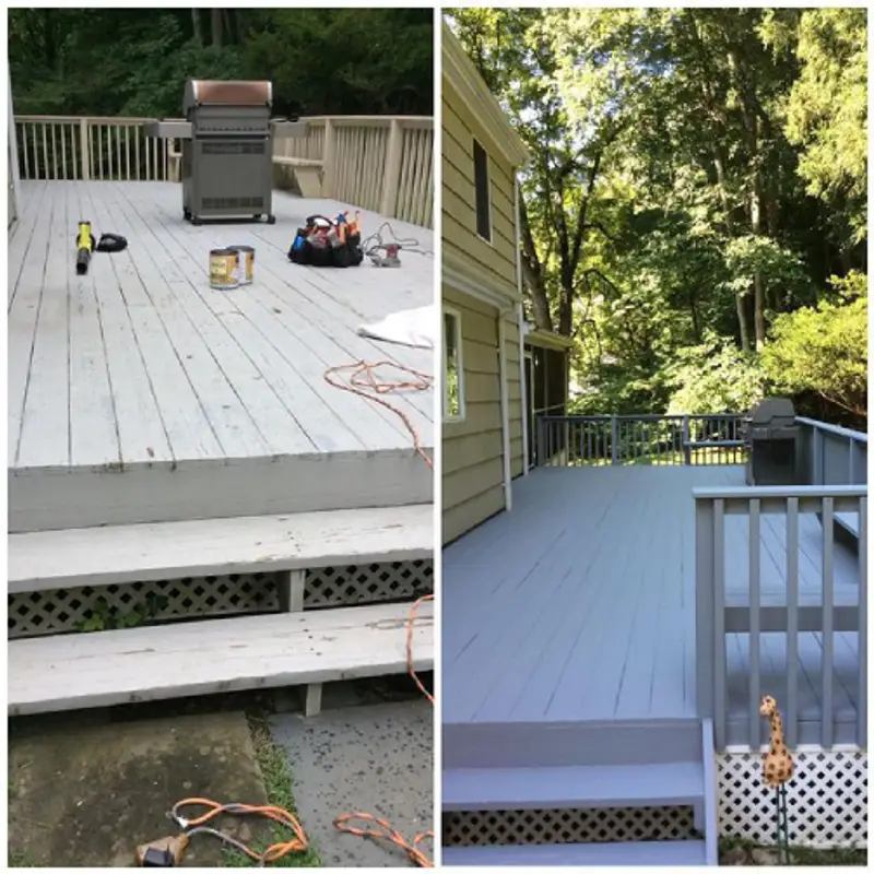 A residential deck before and after it has been repaired and painted by Mr. Handyman.