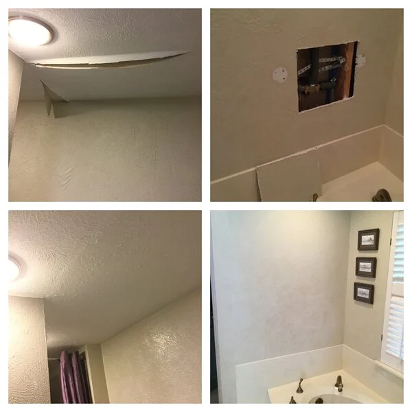  A damaged ceiling and wall in a bathroom before and after repairs have been completed by a Garland handyman.